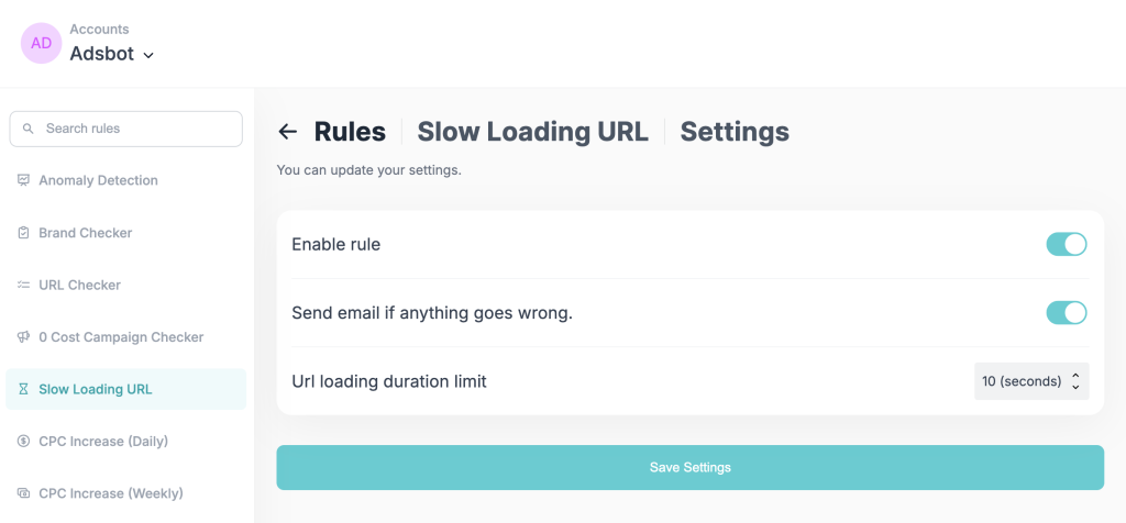 Adsbot - Slow Loading URL Tool Settings