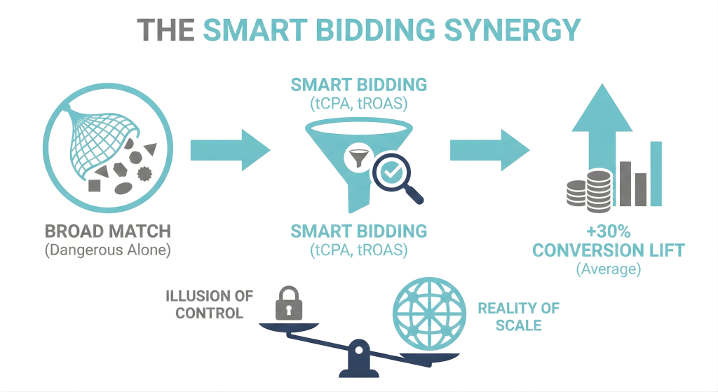 The image shows the importance of using smart bidding with broad match in Google Ads.