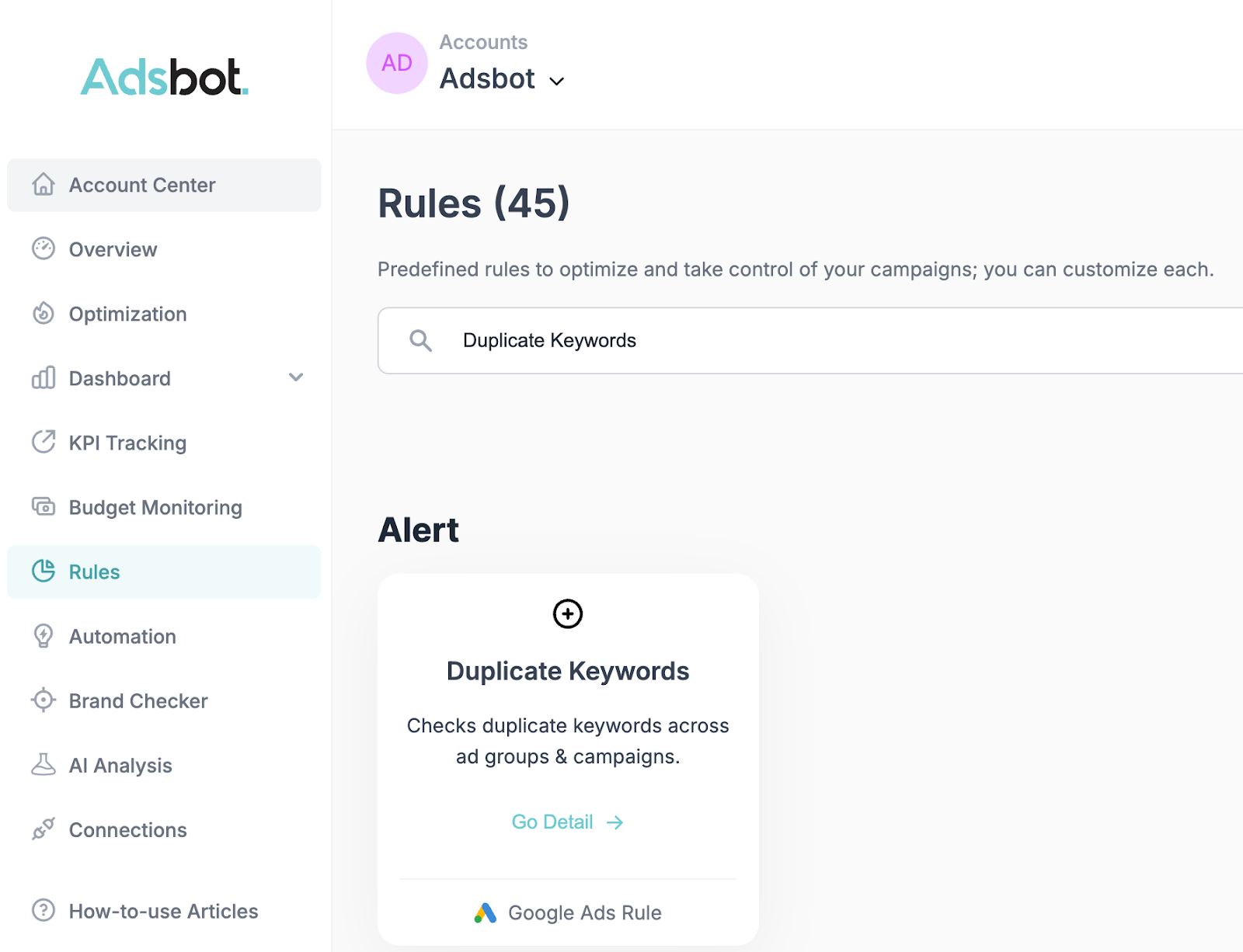Adsbot Rules Interface showing Duplicate Keywords search
