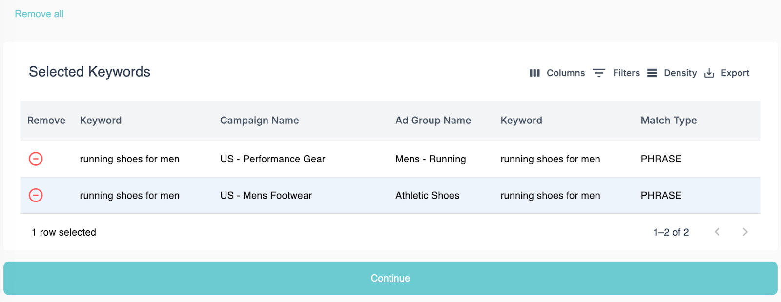 Adsbot Add button interface for duplicate keywords