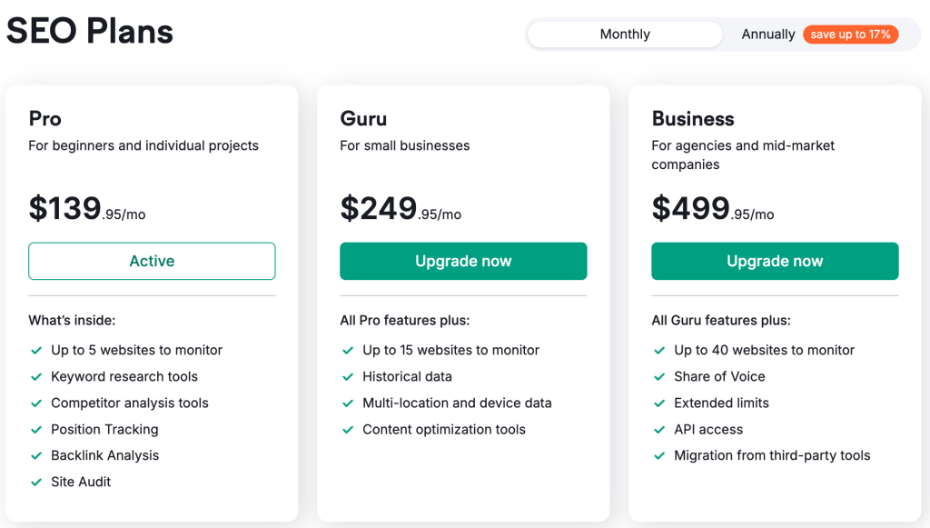 Semrush Pricing Page